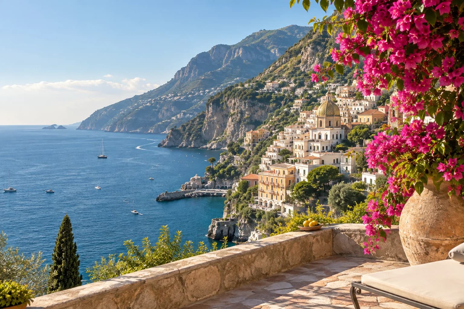 Sunlit coastal town overlooking the blue Mediterranean Sea
