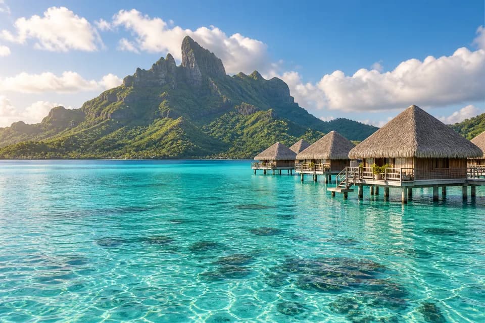 Overwater bungalows on Bora Bora’s turquoise lagoon with Mount Otemanu in the distance